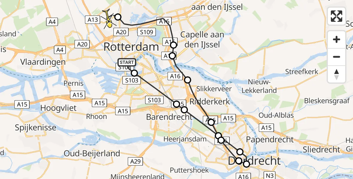Routekaart van de vlucht: Lifeliner 2 naar Rotterdam The Hague Airport, Nieuwe Maas