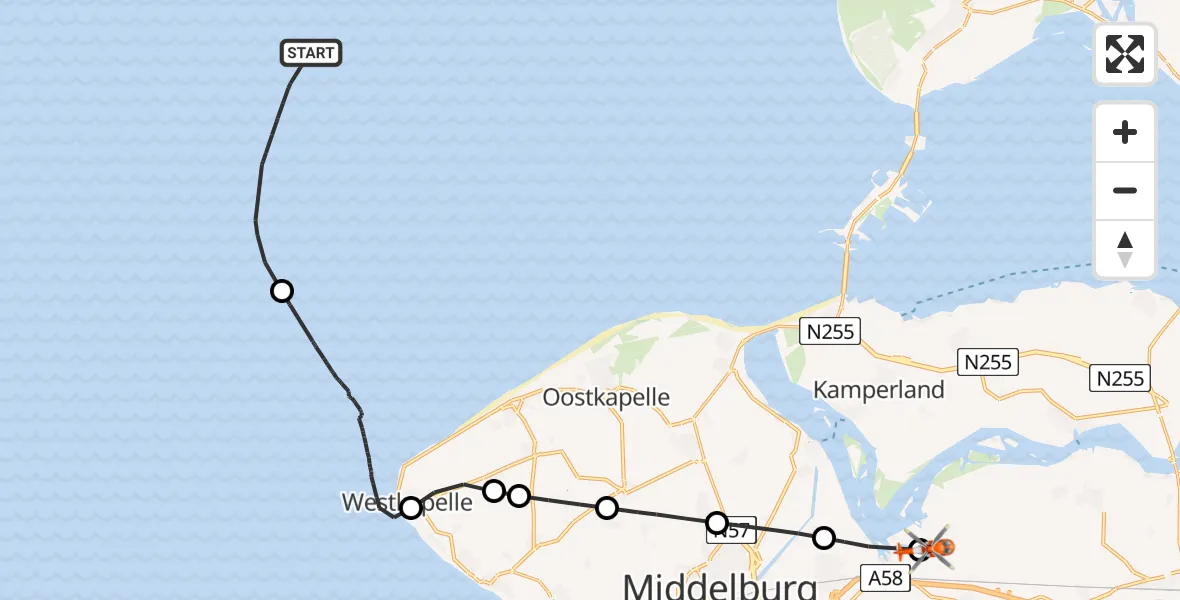 Vluchtroute Kustwachthelikopter  - Vliegveld Midden-Zeeland, 11 november 2025, 13:24