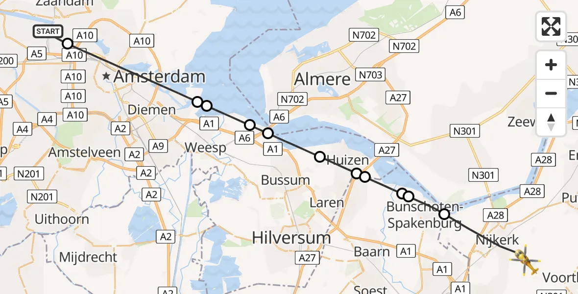 Vluchtroute Traumahelikopter van Amsterdam Heliport naar Nijkerk