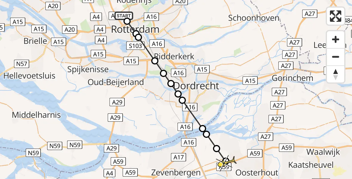 Vluchtroute Traumahelikopter van Rotterdam The Hague Airport naar Wagenberg