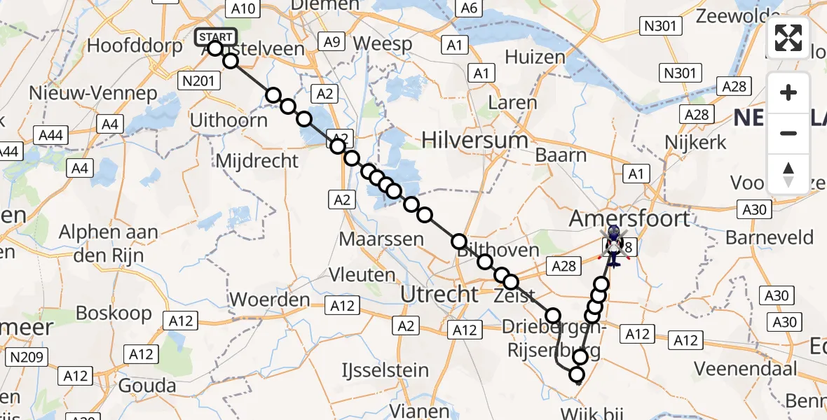 Routekaart van de vlucht: Politiehelikopter naar Leusden, Mr. Jac. Takkade