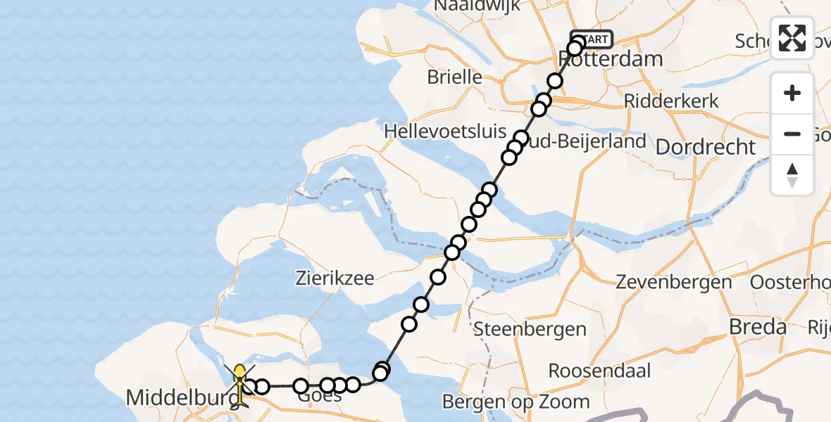 Routekaart van de vlucht: Kustwachthelikopter naar Vliegveld Midden-Zeeland, Delftweg