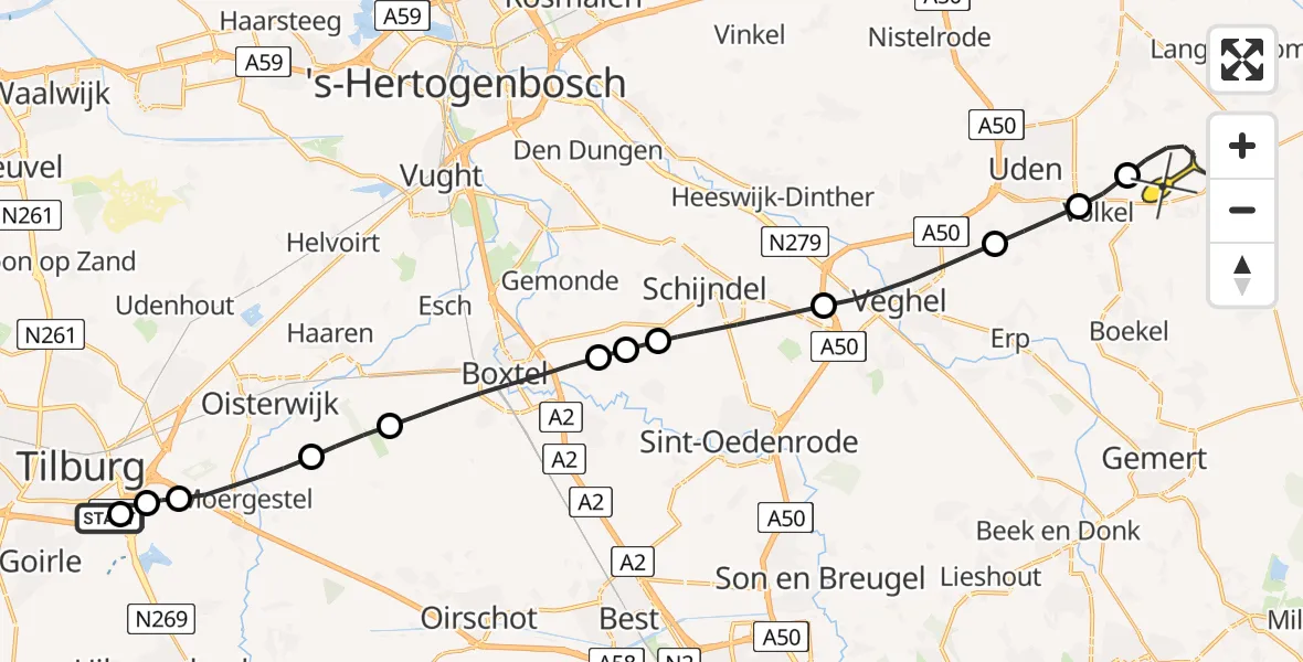 Routekaart van de vlucht: Lifeliner 3 naar Vliegbasis Volkel, Hoevense Kanaaldijk