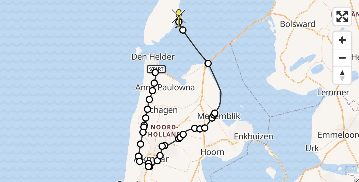 Routekaart van de vlucht: Kustwachthelikopter naar Oosterend, Maria's hoeve
