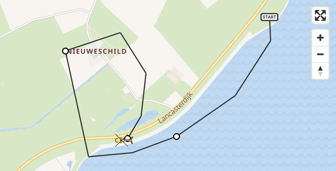 Routekaart van de vlucht: Kustwachthelikopter naar Oudeschild, Lancasterdijk