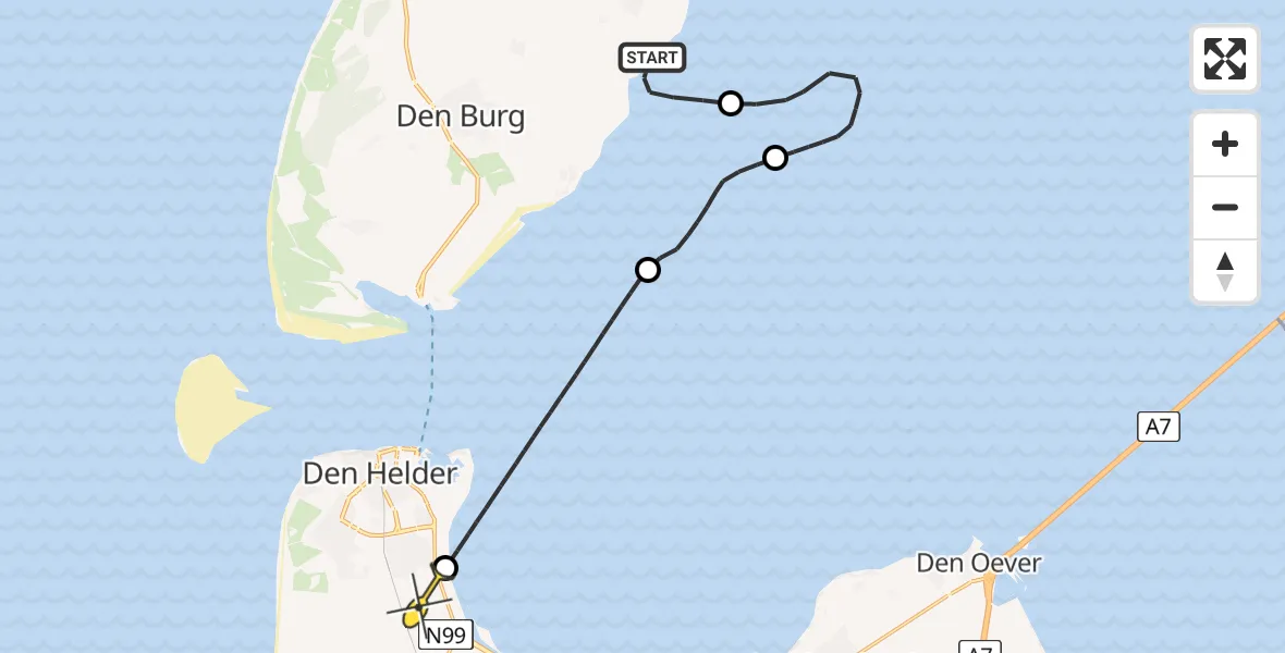 Routekaart van de vlucht: Kustwachthelikopter naar Vliegveld De Kooy, IJsdijk