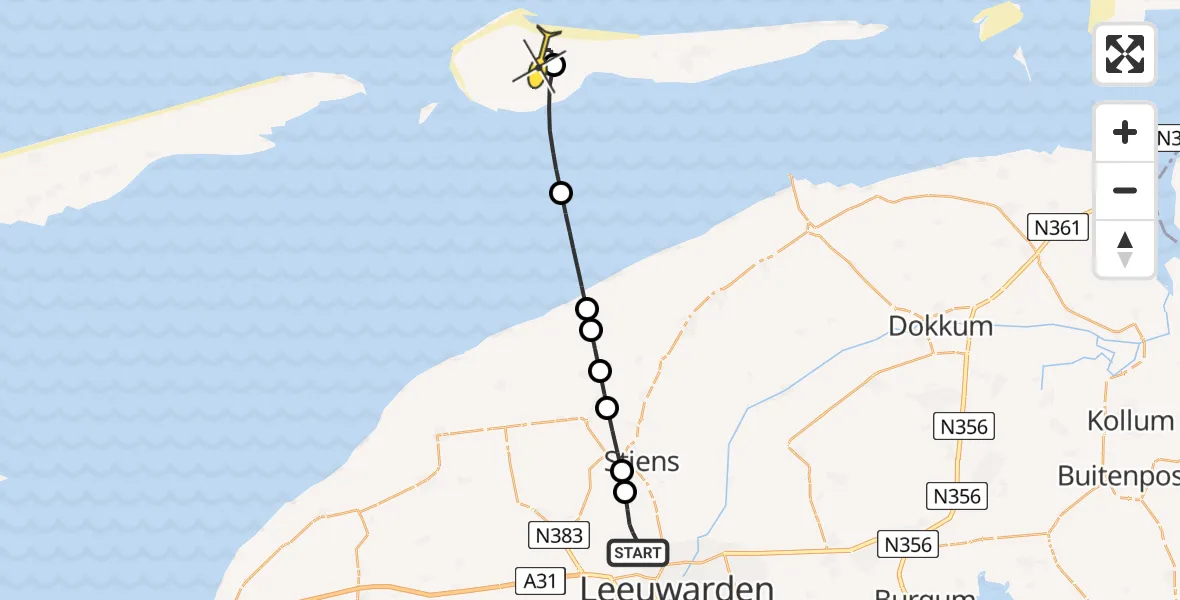 Routekaart van de vlucht: Ambulancehelikopter naar Ameland Airport Ballum, Buitengebied Noordwest