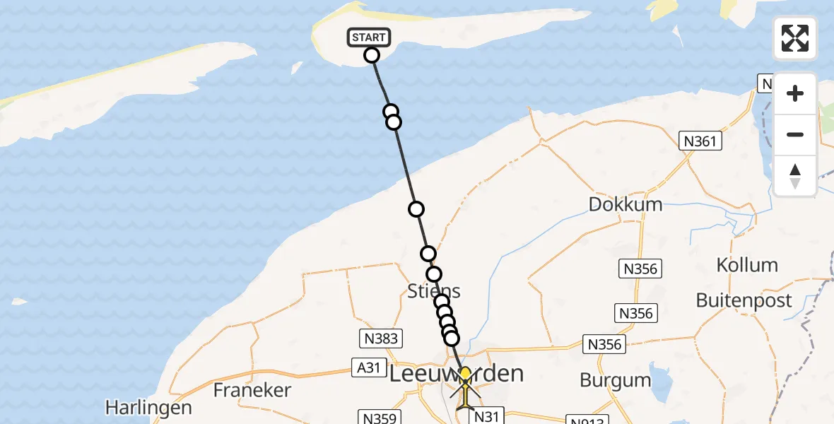 Routekaart van de vlucht: Ambulanceheli naar Leeuwarden, Zuider Grieweg