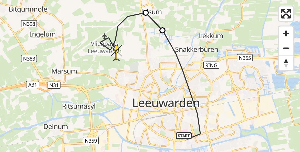 Routekaart van de vlucht: Ambulanceheli naar Vliegbasis Leeuwarden, Anna Maria van Schurmanpaad