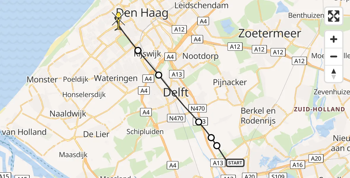 Routekaart van de vlucht: Lifeliner 2 naar Den Haag, Newtonplein