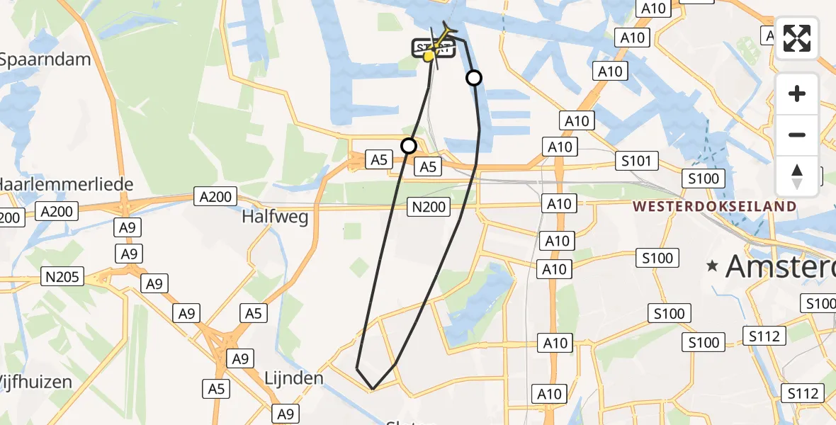 Routekaart van de vlucht: Lifeliner 1 naar Amsterdam Heliport, Nieuw-Zeelandweg