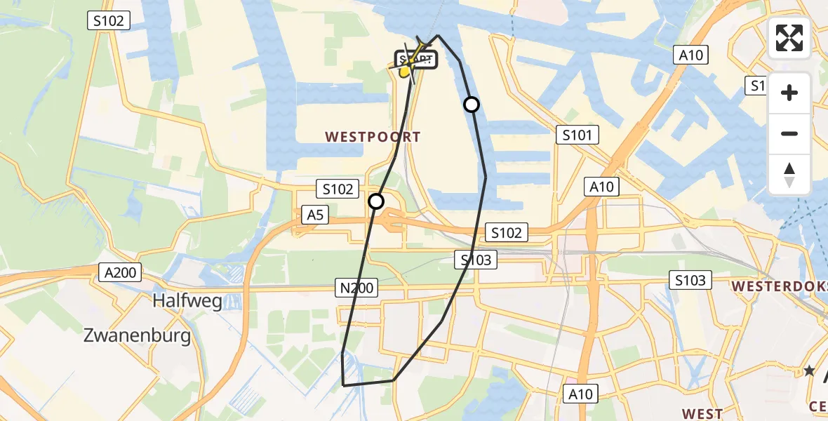 Routekaart van de vlucht: Lifeliner 1 naar Amsterdam Heliport, Nieuw-Zeelandweg