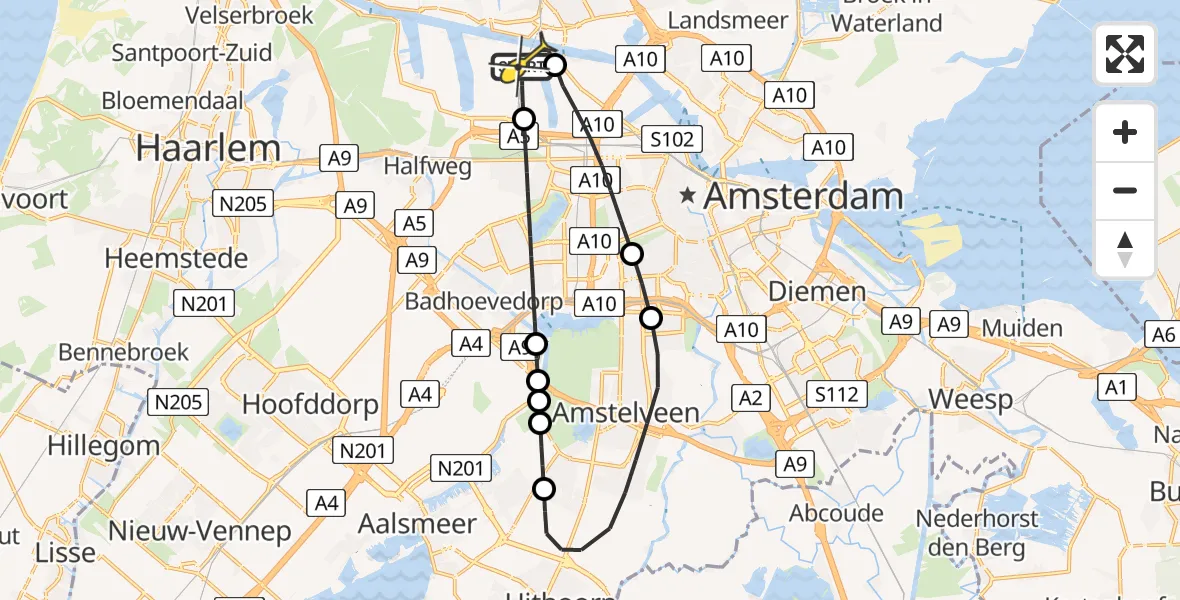 Routekaart van de vlucht: Lifeliner 1 naar Amsterdam Heliport, Corsicaweg