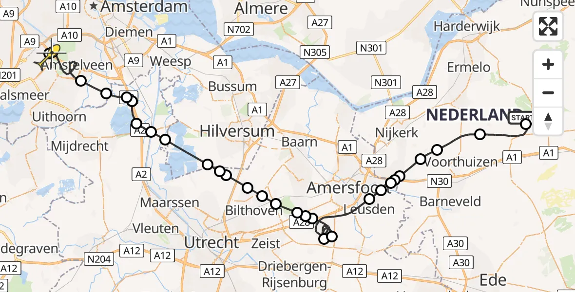 Routekaart van de vlucht: Politieheli naar Schiphol, Meervelderweg
