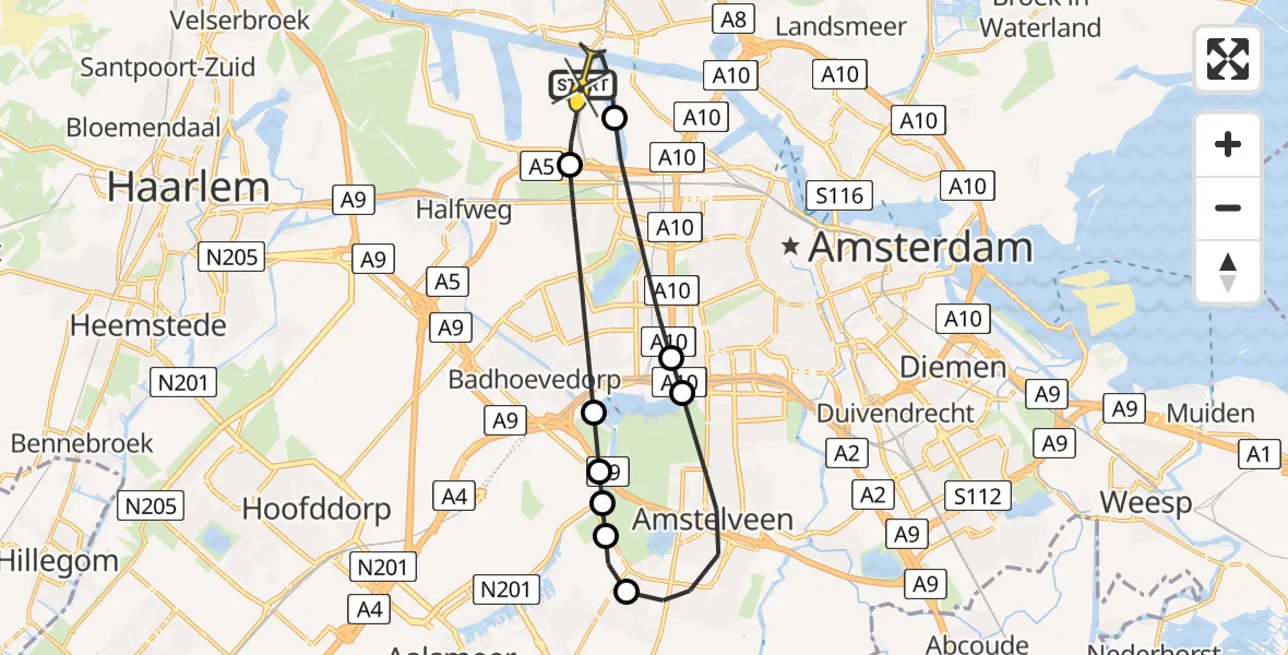 Routekaart van de vlucht: Lifeliner 1 naar Amsterdam Heliport, Nieuw-Zeelandweg