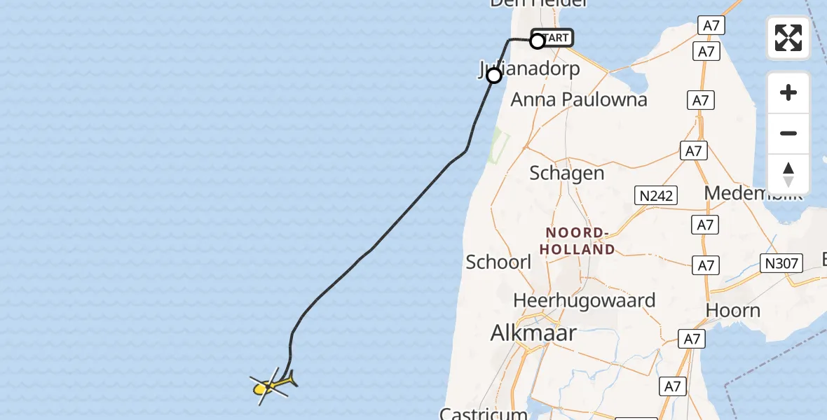 Routekaart van de vlucht: Kustwachthelikopter naar Kortevliet