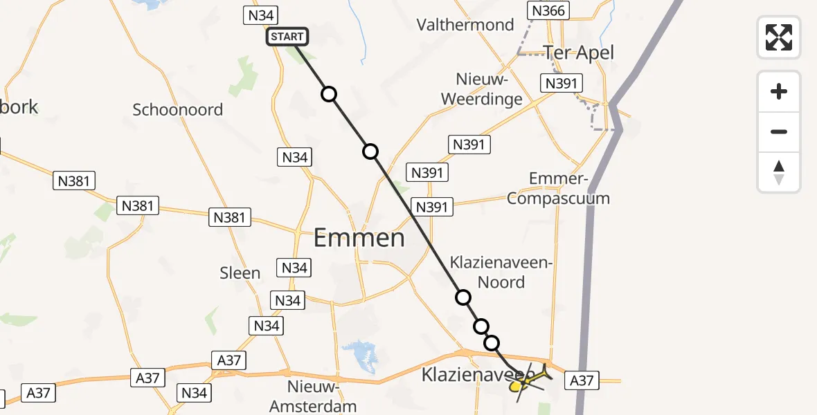 Routekaart van de vlucht: Lifeliner 4 naar Klazienaveen, Exloërweg
