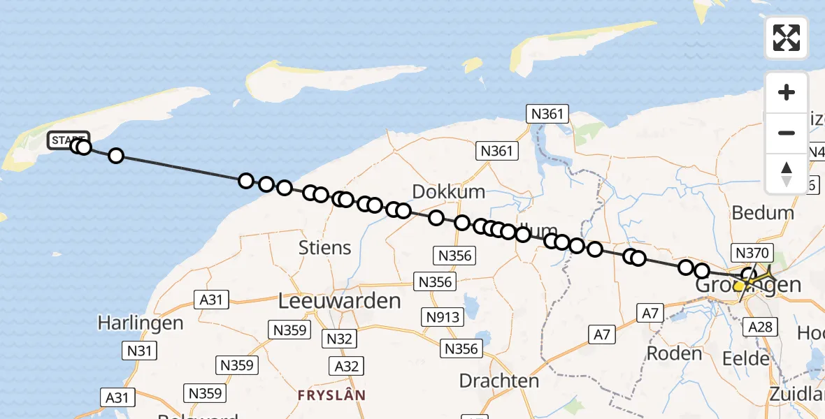 Routekaart van de vlucht: Ambulancehelikopter naar Universitair Medisch Centrum Groningen, Striep