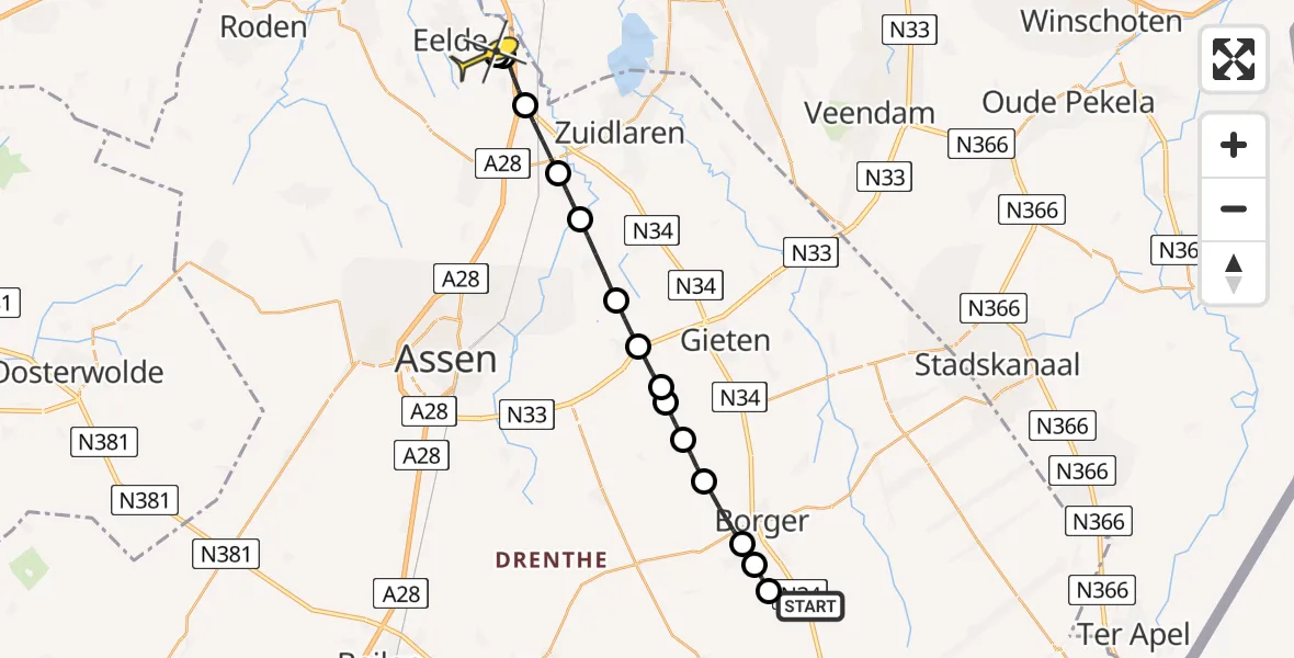 Routekaart van de vlucht: Lifeliner 4 naar Groningen Airport Eelde, Saksveldweg