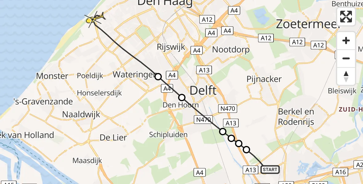 Routekaart van de vlucht: Lifeliner 2 naar Den Haag, Heliotrooplaan