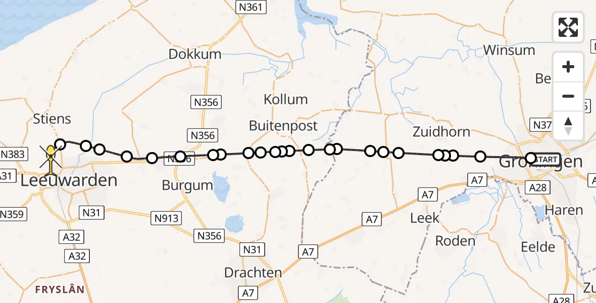 Routekaart van de vlucht: Ambulanceheli naar Vliegbasis Leeuwarden, Poortweg