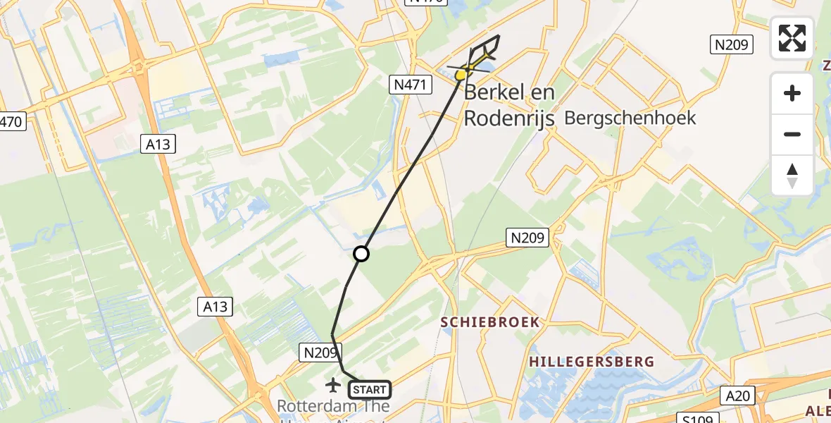 Routekaart van de vlucht: Lifeliner 2 naar Berkel en Rodenrijs, Muiderstraat