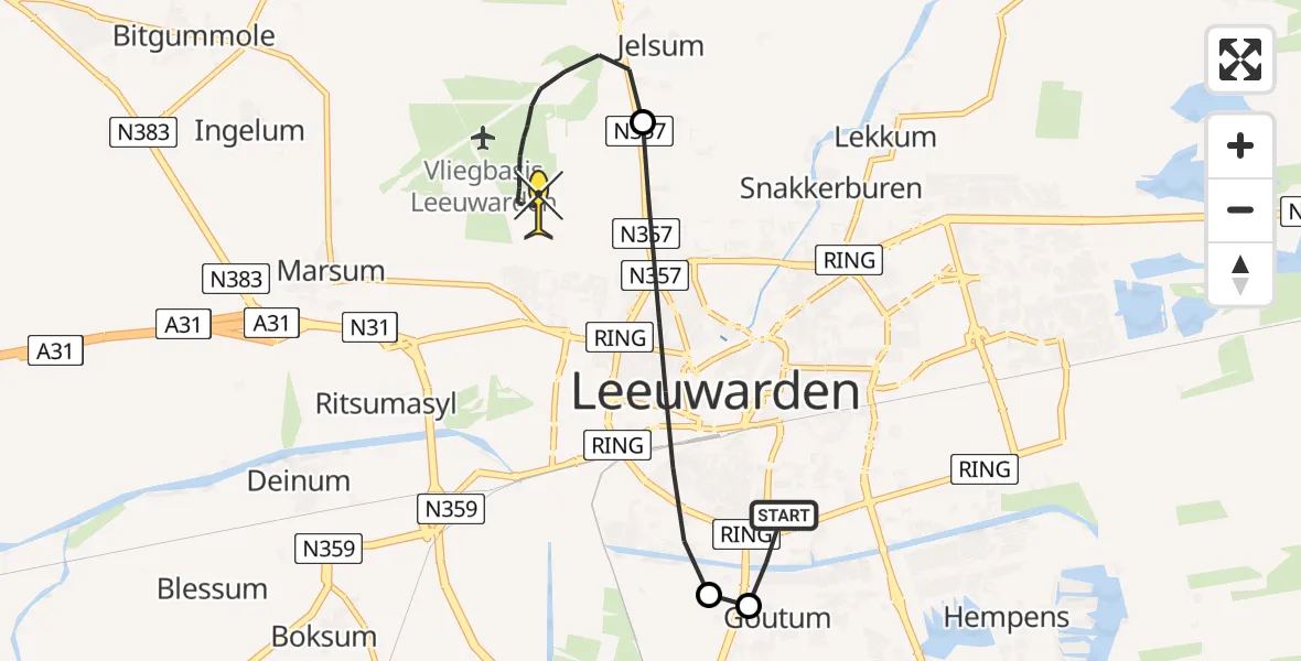 Routekaart van de vlucht: Kustwachthelikopter naar Vliegbasis Leeuwarden, Brédyk