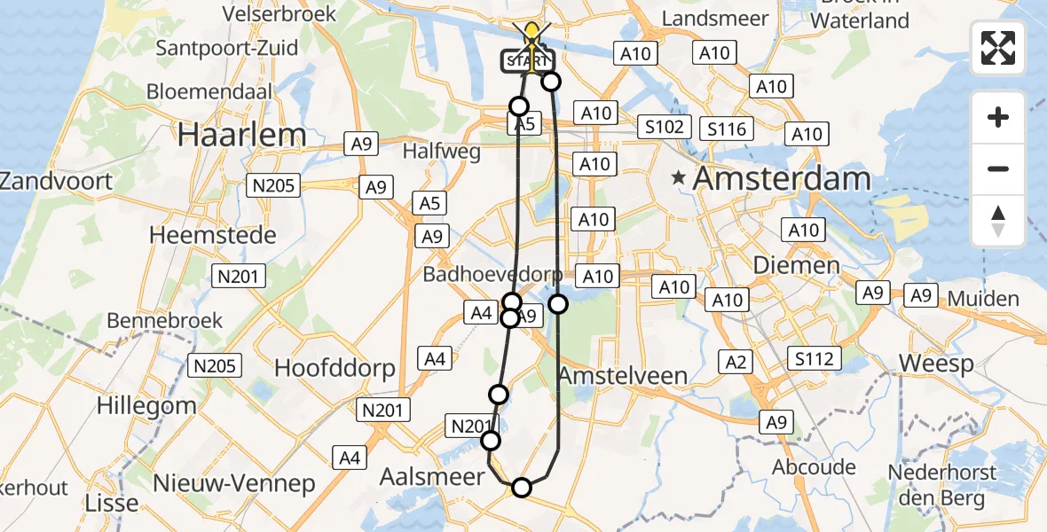 Routekaart van de vlucht: Lifeliner 1 naar Amsterdam Heliport, Nieuw-Zeelandweg
