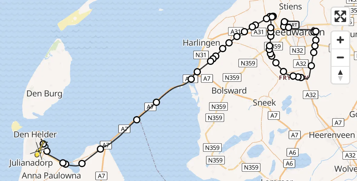 Routekaart van de vlucht: Kustwachthelikopter naar Vliegveld De Kooy, Keegsdijkje