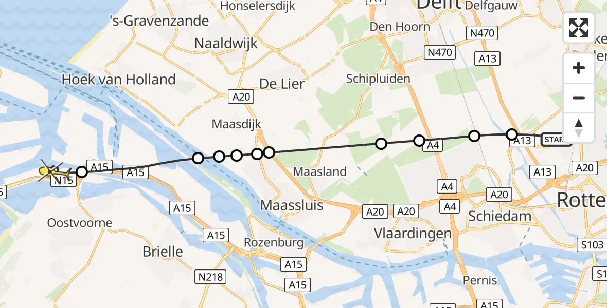 Routekaart van de vlucht: Lifeliner 2 naar Maasvlakte, Beerweg