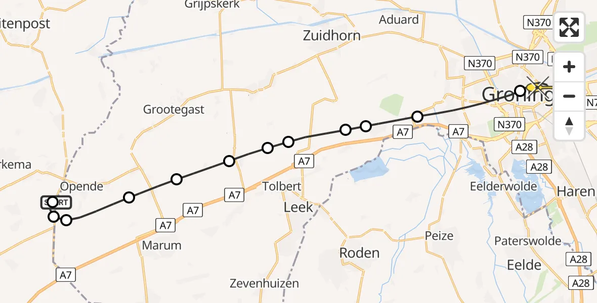 Routekaart van de vlucht: Lifeliner 4 naar Universitair Medisch Centrum Groningen, De Skieding