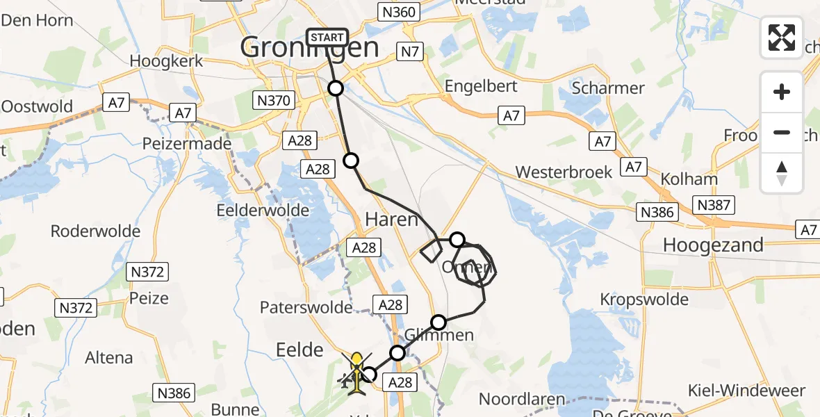 Routekaart van de vlucht: Lifeliner 4 naar Groningen Airport Eelde, Meeuwerderweg