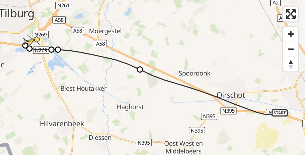Routekaart van de vlucht: Lifeliner 3 naar Tilburg, Hilvarenbeekseweg