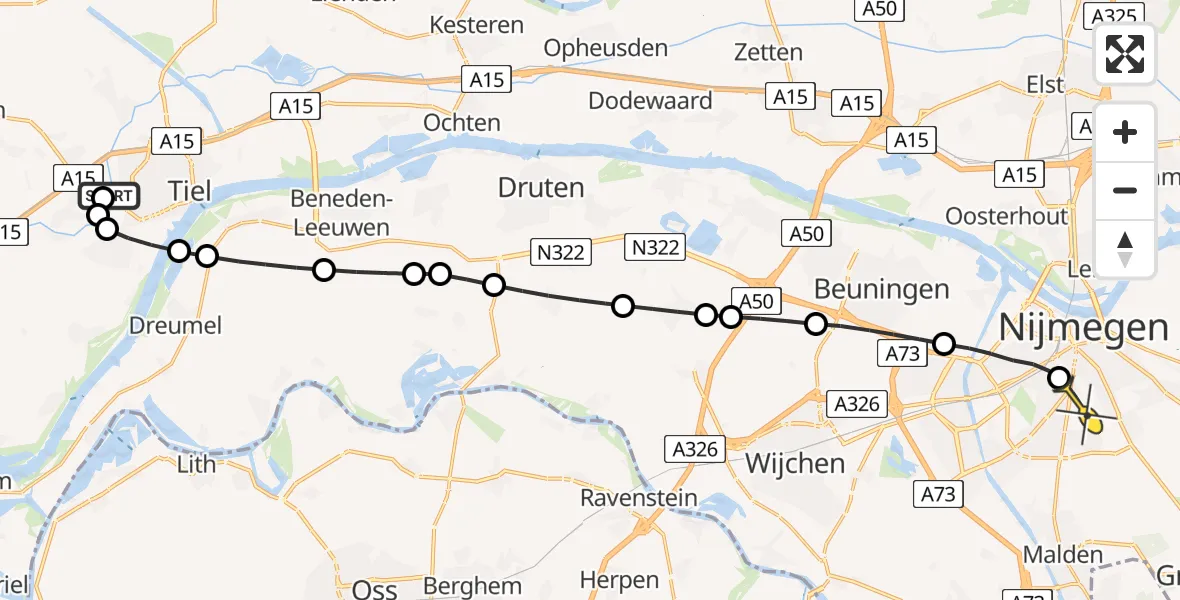 Routekaart van de vlucht: Lifeliner 3 naar Radboud Universitair Medisch Centrum, Inundatiedijk-Noord
