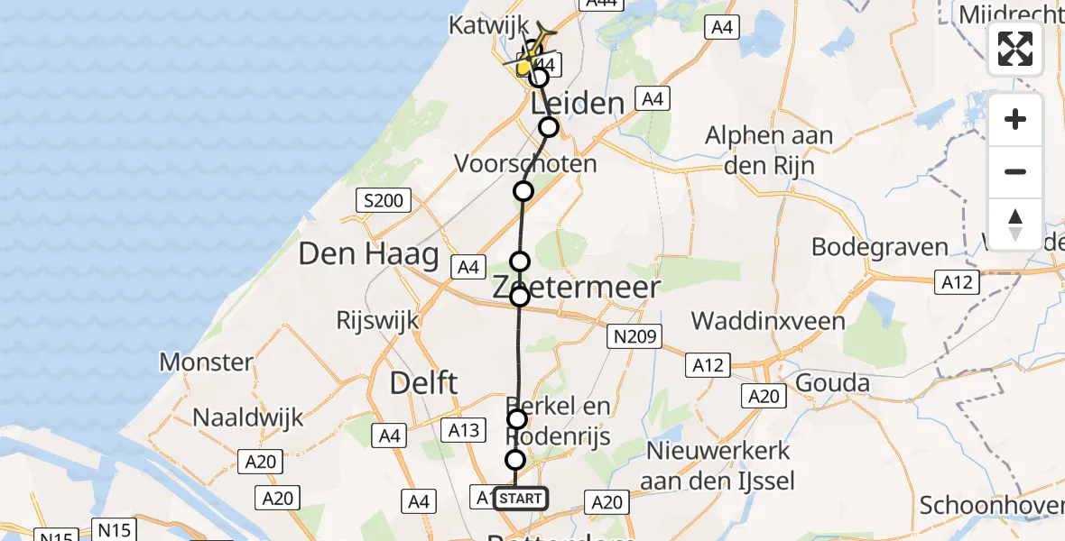 Routekaart van de vlucht: Lifeliner 2 naar Rijnsburg, Oude Bovendijk