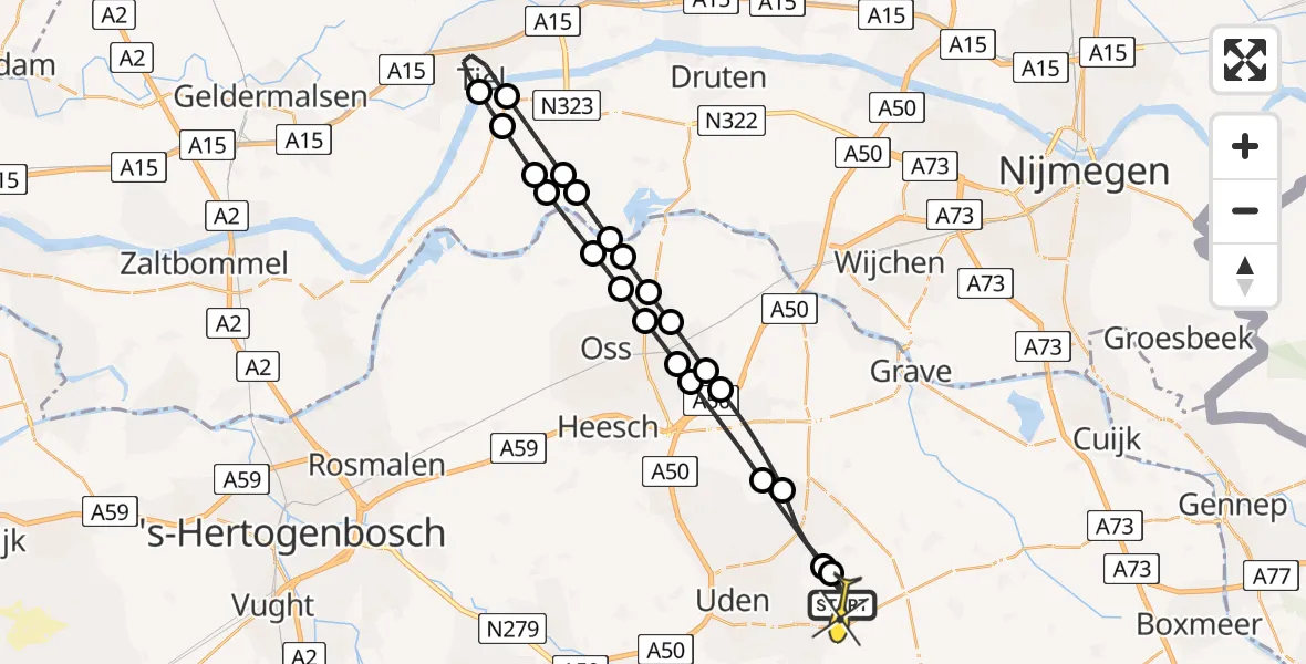 Routekaart van de vlucht: Lifeliner 3 naar Vliegbasis Volkel, De Bunders