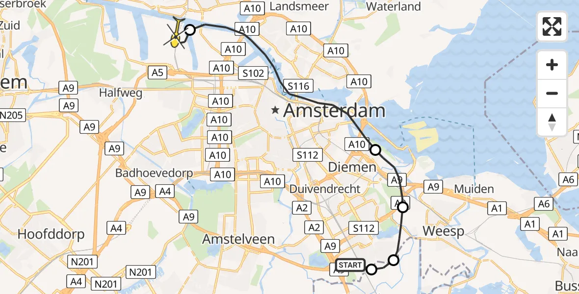 Routekaart van de vlucht: Lifeliner 1 naar Amsterdam Heliport, Spengenpad