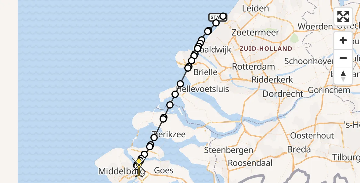 Routekaart van de vlucht: Kustwachthelikopter naar Vliegveld Midden-Zeeland, Calandweg