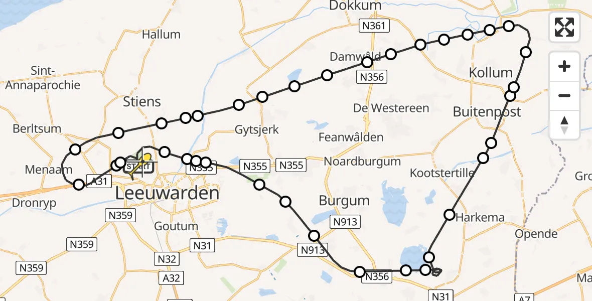 Routekaart van de vlucht: Ambulancehelikopter naar Vliegbasis Leeuwarden, Keegsdijkje