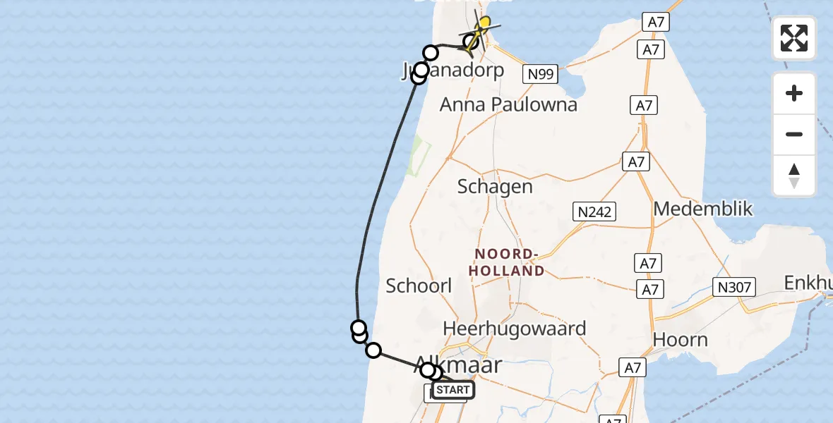 Routekaart van de vlucht: Kustwachthelikopter naar Vliegveld De Kooy, Wytemalaan