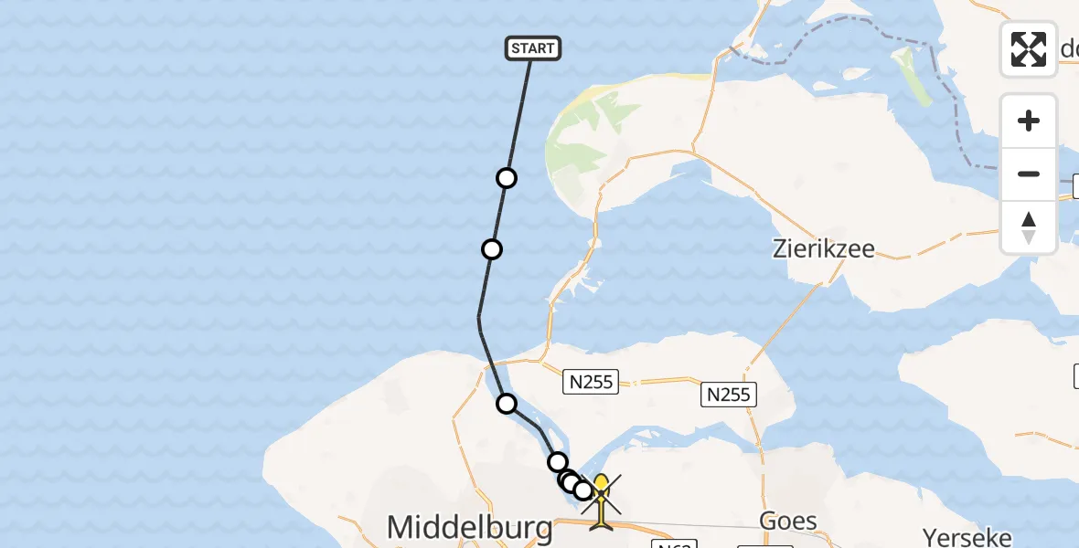Routekaart van de vlucht: Kustwachthelikopter naar Vliegveld Midden-Zeeland, Calandweg