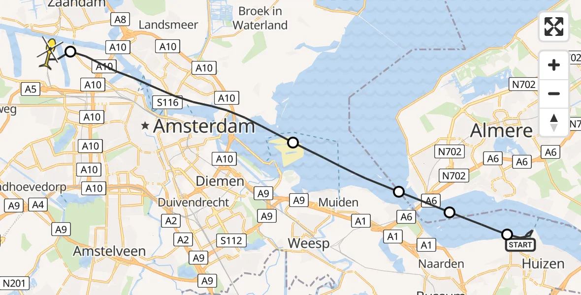 Routekaart van de vlucht: Lifeliner 1 naar Amsterdam Heliport, Toegangsgeul Huizen