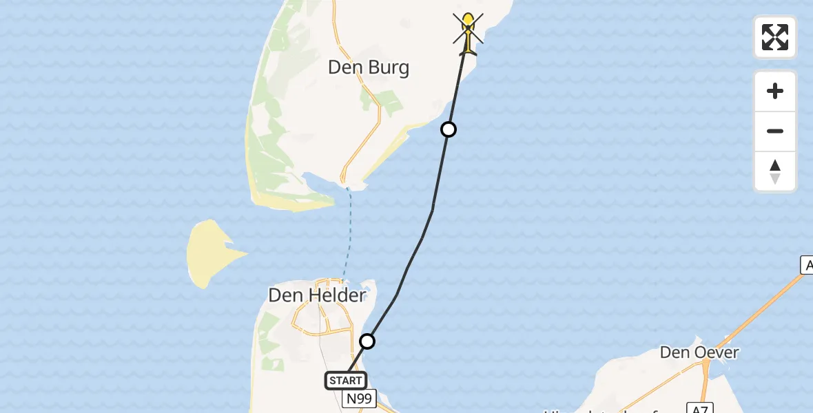 Routekaart van de vlucht: Kustwachthelikopter naar Oosterend, Oostoeverweg