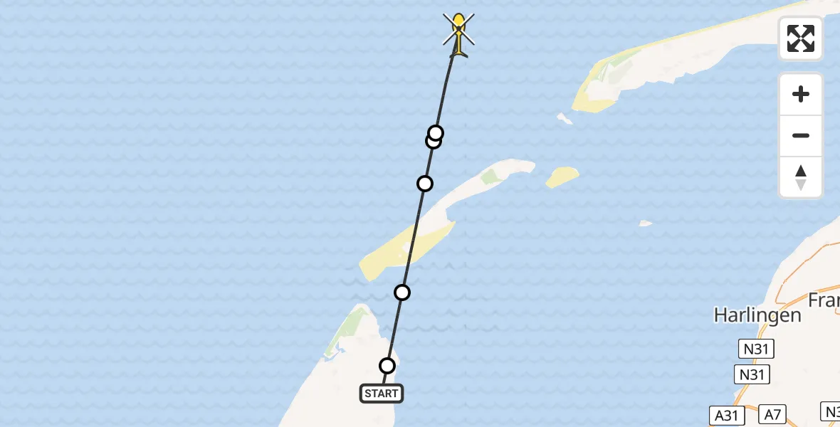 Routekaart van de vlucht: Kustwachthelikopter naar Eendrachtweg
