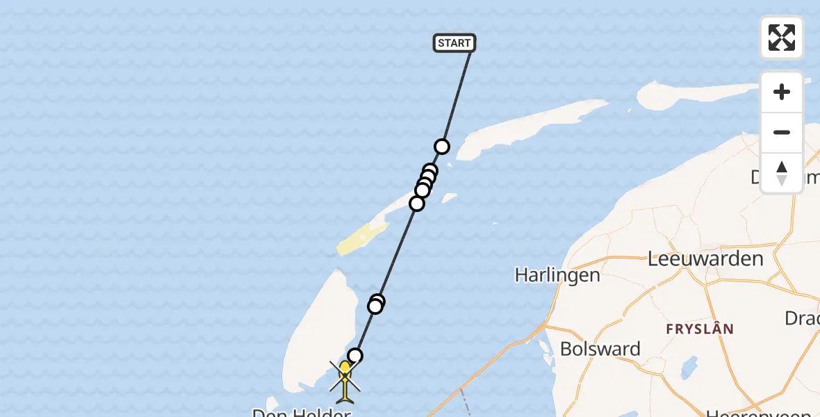Routekaart van de vlucht: Kustwachthelikopter naar Den Helder