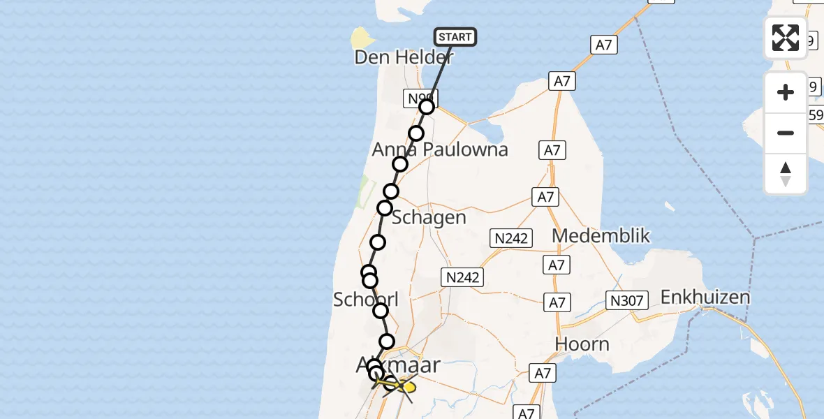 Routekaart van de vlucht: Kustwachthelikopter naar Alkmaar, Parelweg