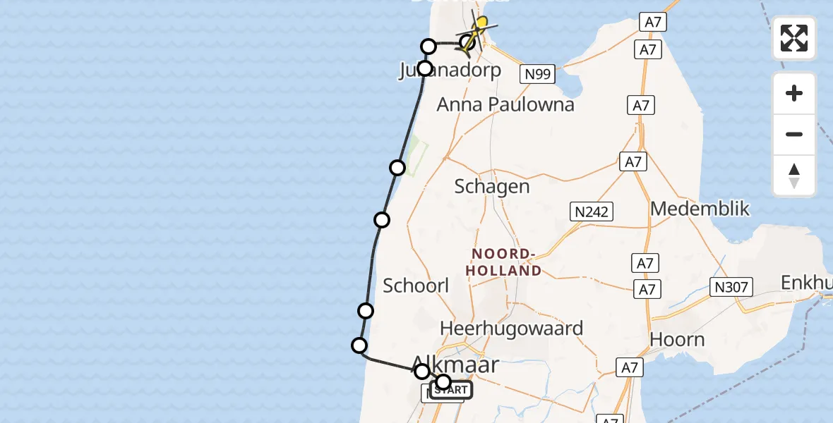 Routekaart van de vlucht: Kustwachthelikopter naar Vliegveld De Kooy, Heilooër Tolweg