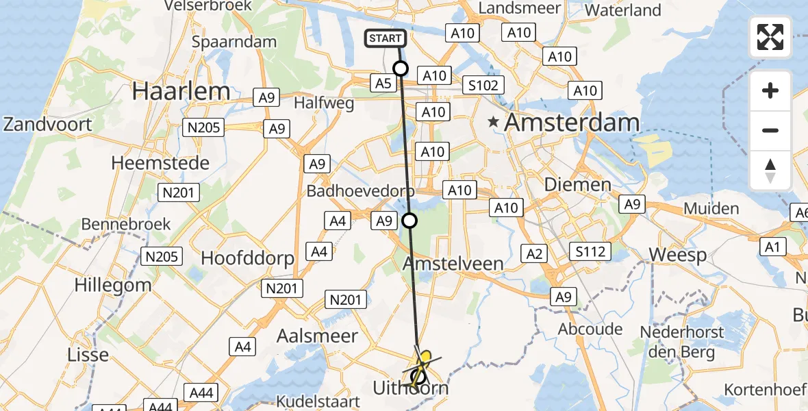 Routekaart van de vlucht: Lifeliner 1 naar Uithoorn, Elbaweg