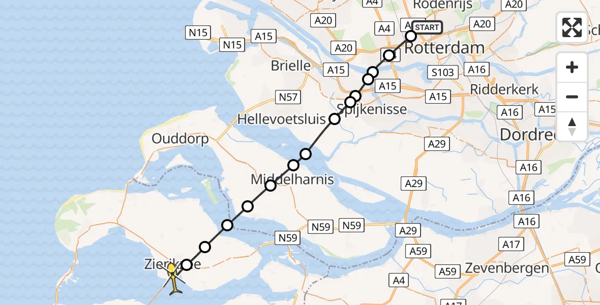 Routekaart van de vlucht: Lifeliner 2 naar Zierikzee, Vliegveldweg