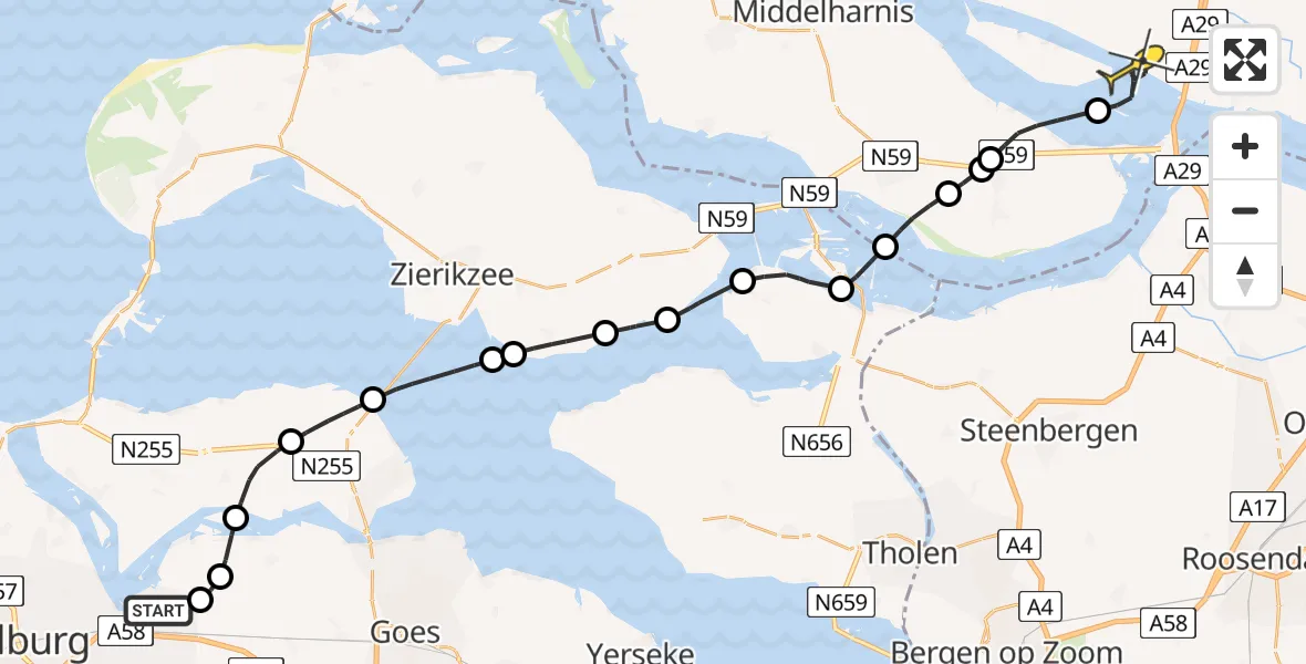 Routekaart van de vlucht: Kustwachthelikopter naar Zuid-Beijerland, Calandweg